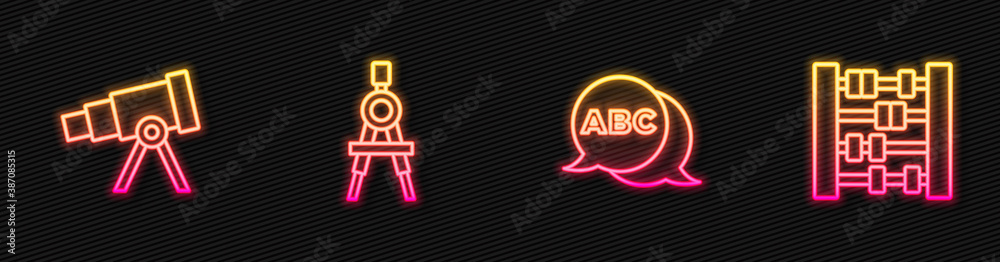 Set line Alphabet, Telescope, Drawing compass and Abacus. Glowing neon icon. Vector.