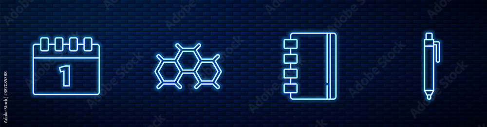 Set line Spiral notebook, Calendar first september date, Chemical formula and Pen. Glowing neon icon