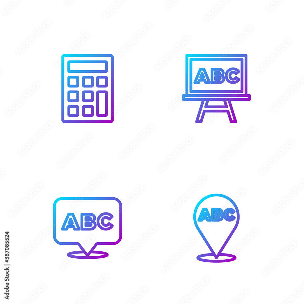 Set line Alphabet, , Calculator and Chalkboard. Gradient color icons. Vector illustration