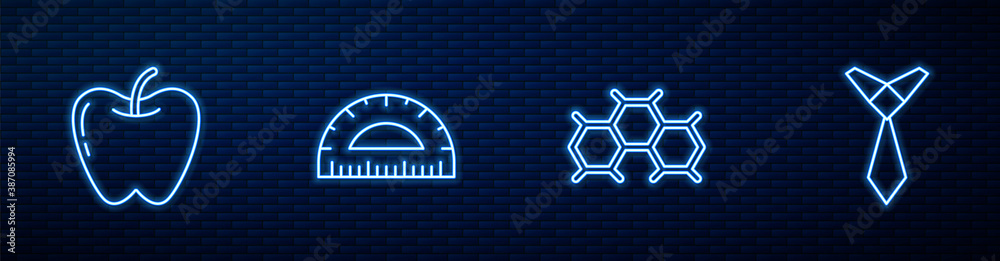 Set line Chemical formula, Apple, Protractor and Tie. Glowing neon icon on brick wall. Vector.