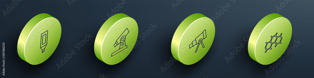 Set Isometric Marker pen, Microscope, Telescope and Chemical formula icon. Vector.