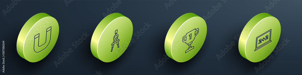 Set Isometric Magnet, Drawing compass, Award cup and Chalkboard icon. Vector.