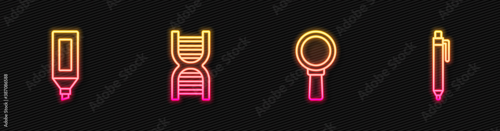 Set line Magnifying glass, Marker pen, DNA symbol and Pen. Glowing neon icon. Vector.