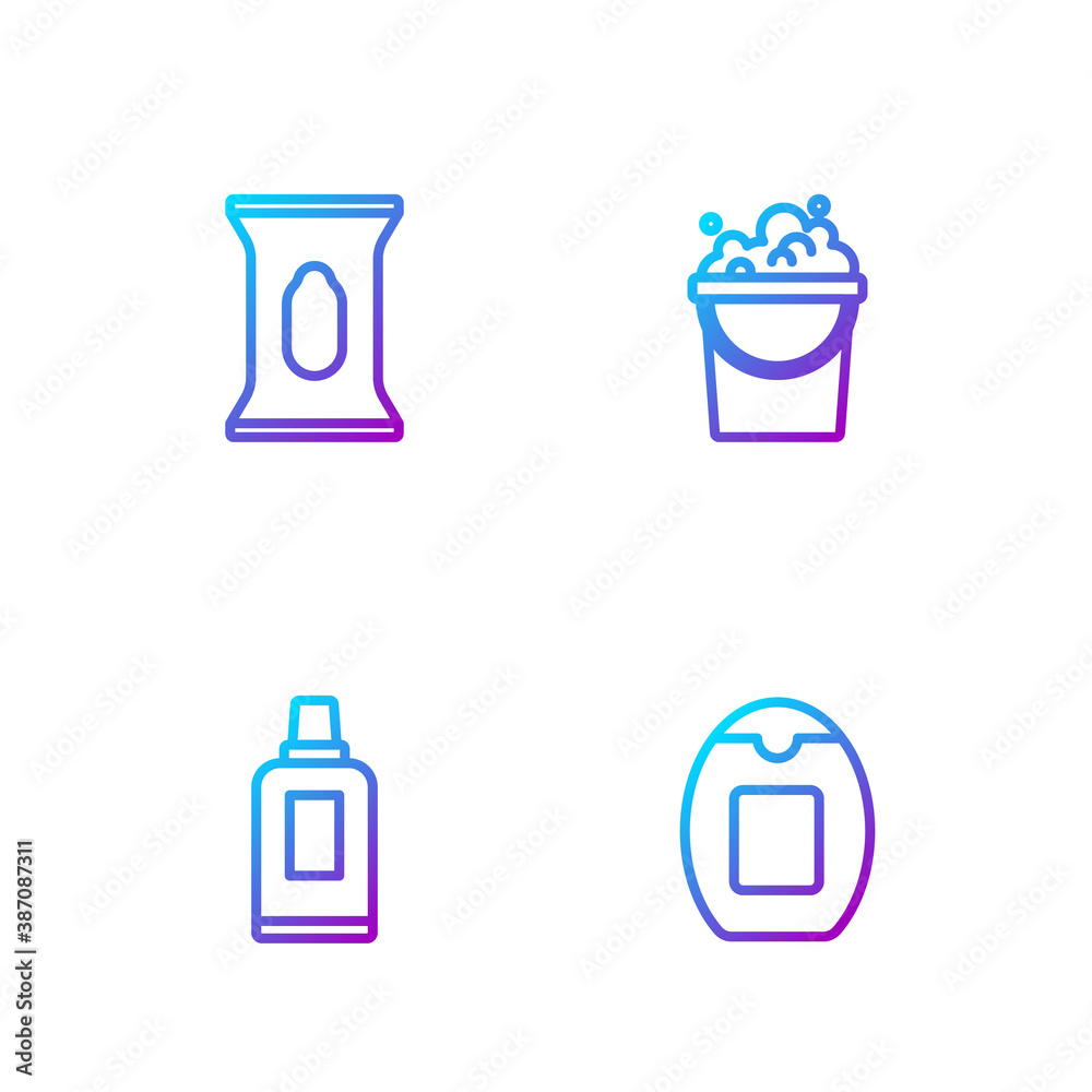 Set line Bottle of shampoo, for cleaning agent, Wet wipe pack and Bucket with soap suds. Gradient co