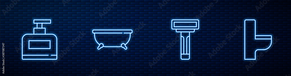 Set line Shaving razor, Bottle of shampoo, Bathtub and Toilet bowl. Glowing neon icon on brick wall.