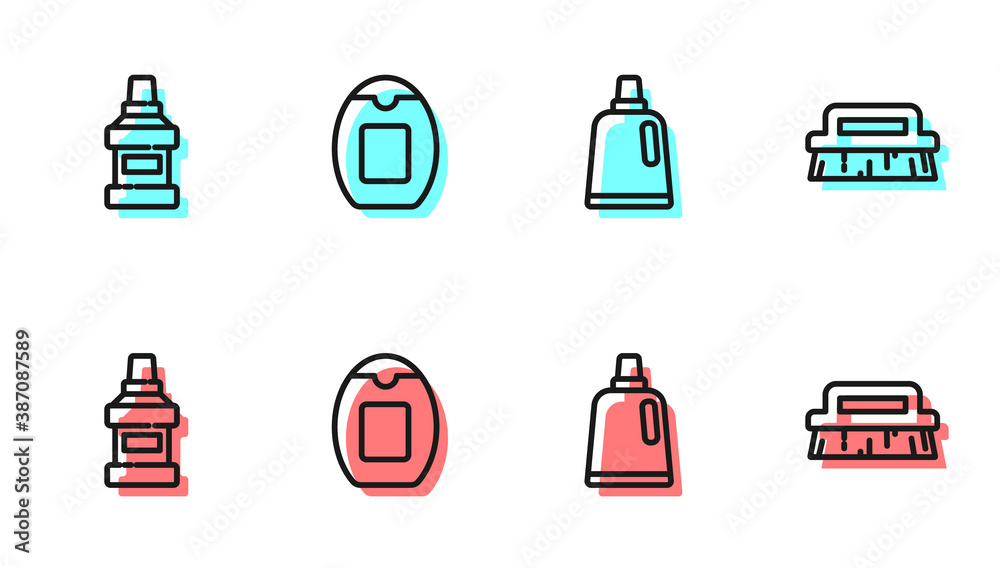 Set line Bottle for cleaning agent, Mouthwash bottle, of shampoo and Brush icon. Vector.