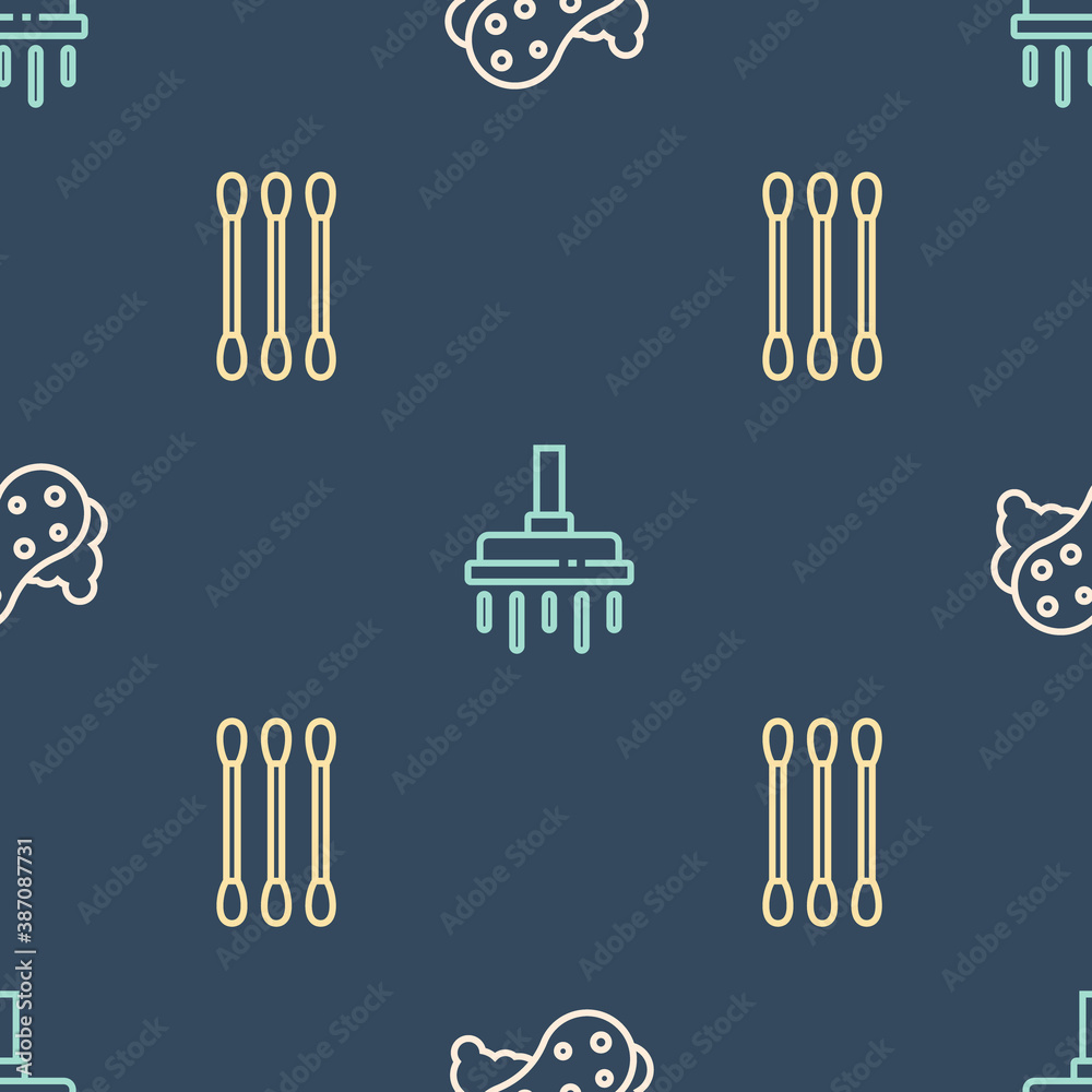 Set line Sponge, Cotton swab for ears and Shower head on seamless pattern. Vector.