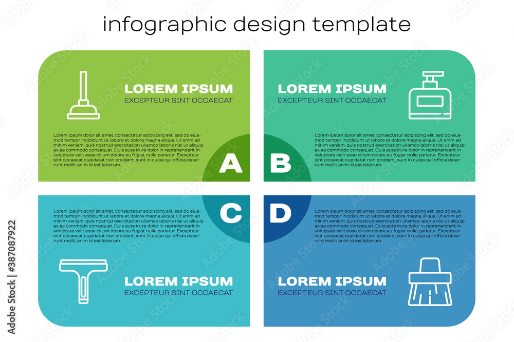 设置线橡胶清洁器、柱塞、手柄扫帚和洗发水瓶。商业信息图模板。