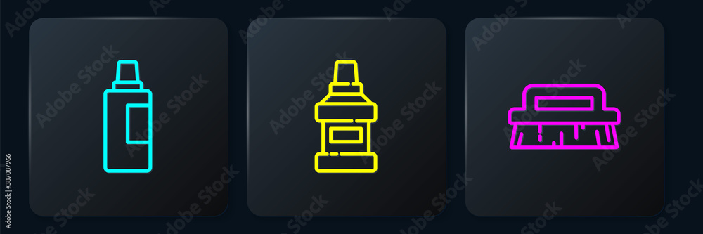 Set line Bottle for cleaning agent, Brush and Mouthwash bottle. Black square button. Vector.