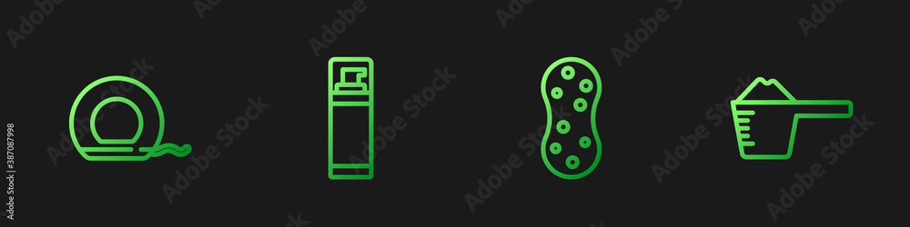 Set line Sponge, Dental floss, Shaving gel foam and Washing powder. Gradient color icons. Vector.