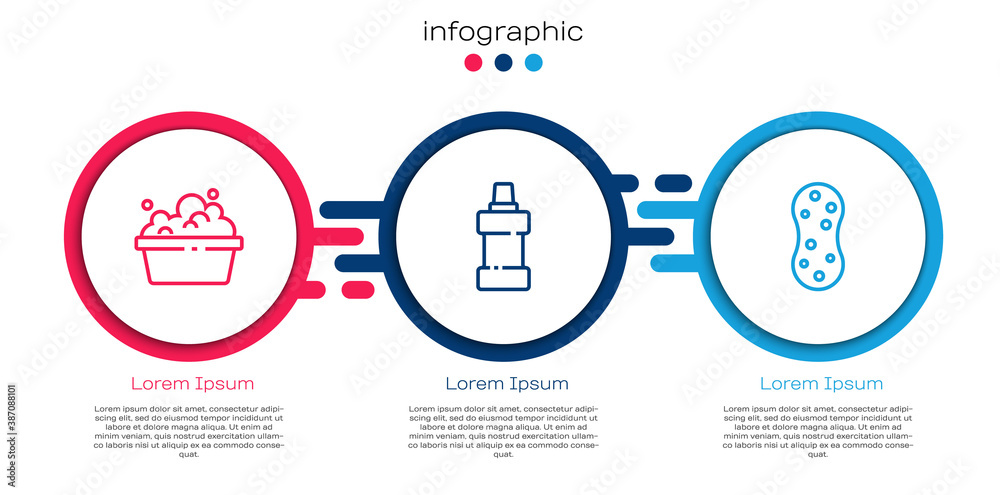 Set line Basin with soap suds, Bottle for cleaning agent and Sponge. Business infographic template. 