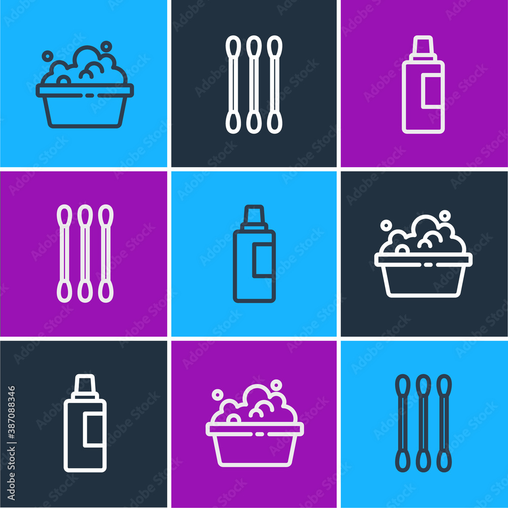 Set line Basin with soap suds, Bottle for cleaning agent and Cotton swab ears icon. Vector.