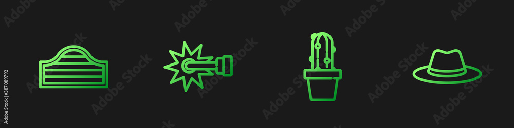 Set line Cactus peyote in pot, Saloon door, Spur and Western cowboy hat. Gradient color icons. Vecto