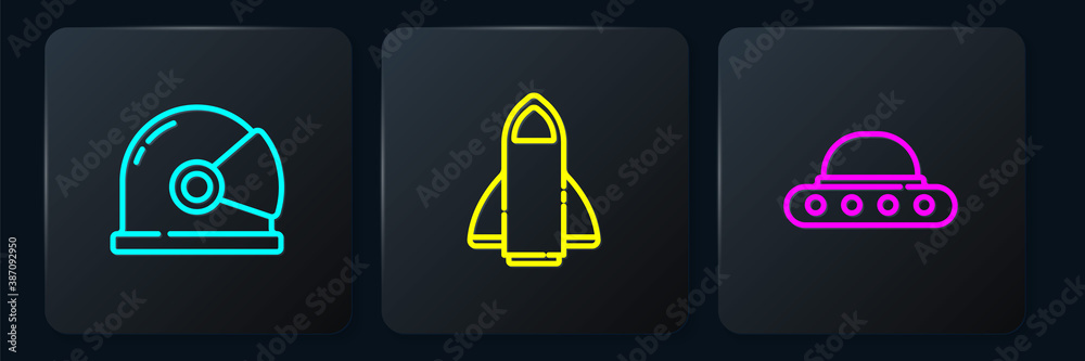 Set line Astronaut helmet, UFO flying spaceship and Rocket. Black square button. Vector.