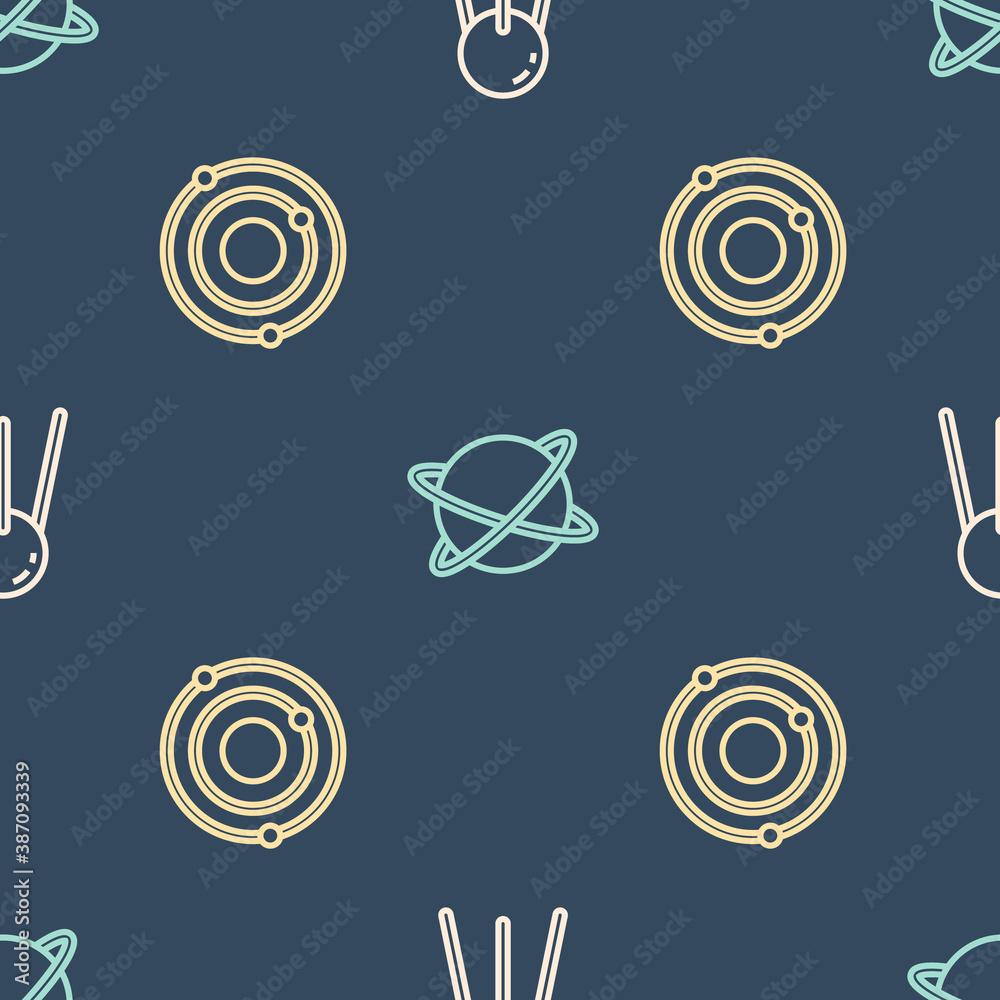 Set line Satellite, Solar system and Satellites orbiting the planet on seamless pattern. Vector.