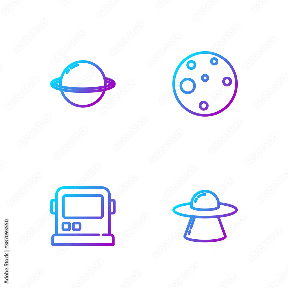 Set line UFO flying spaceship, Astronaut helmet, Planet Saturn and Mars. Gradient color icons. Vecto