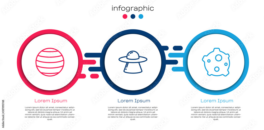 Set line Planet Venus, UFO flying spaceship and Asteroid. Business infographic template. Vector.