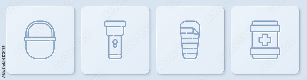 设置线露营壶、睡袋、手电筒和急救箱。白色方形按钮。矢量。
