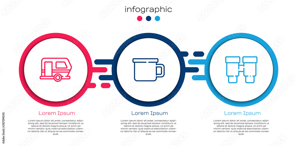 Set line Rv Camping trailer, metal mug and Binoculars. Business infographic template. Vector.