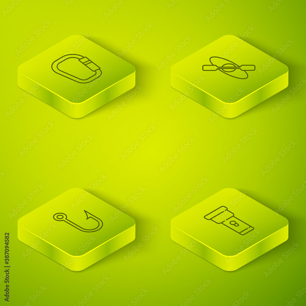 Set Isometric line Kayak or canoe, Fishing hook, Flashlight and Carabiner icon. Vector.