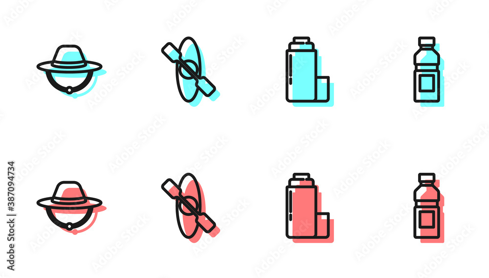 Set line Thermos container, Camping hat, Kayak or canoe and Bottle of water icon. Vector.