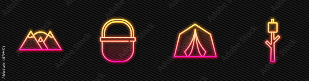 Set line Tourist tent, Mountains, Camping pot and Marshmallow on stick. Glowing neon icon. Vector.