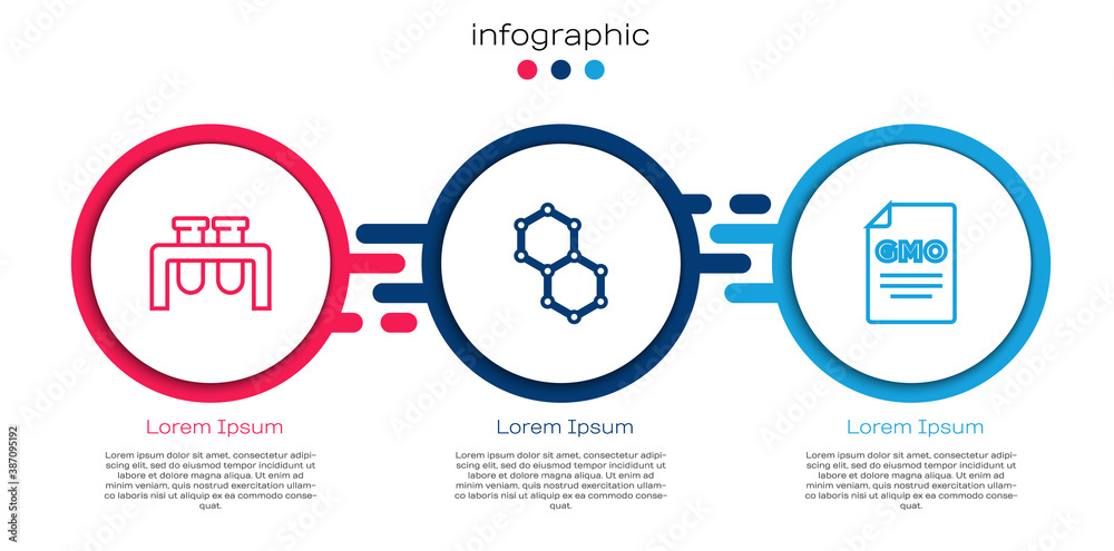 Set line Test tube and flask, Chemical formula and GMO. Business infographic template. Vector.