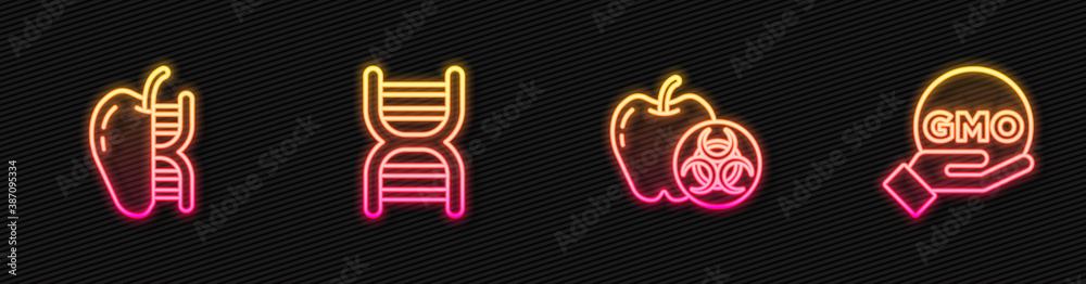 Set line Genetically modified apple, , DNA symbol and GMO. Glowing neon icon. Vector.