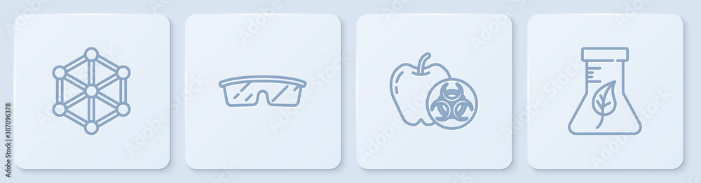 Set line GMO, Genetically modified apple, Laboratory glasses and Test tube and flask. White square b