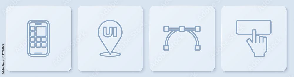 设置线移动应用程序、贝塞尔曲线、用户界面或用户体验设计和键盘。白色方形按钮。矢量。