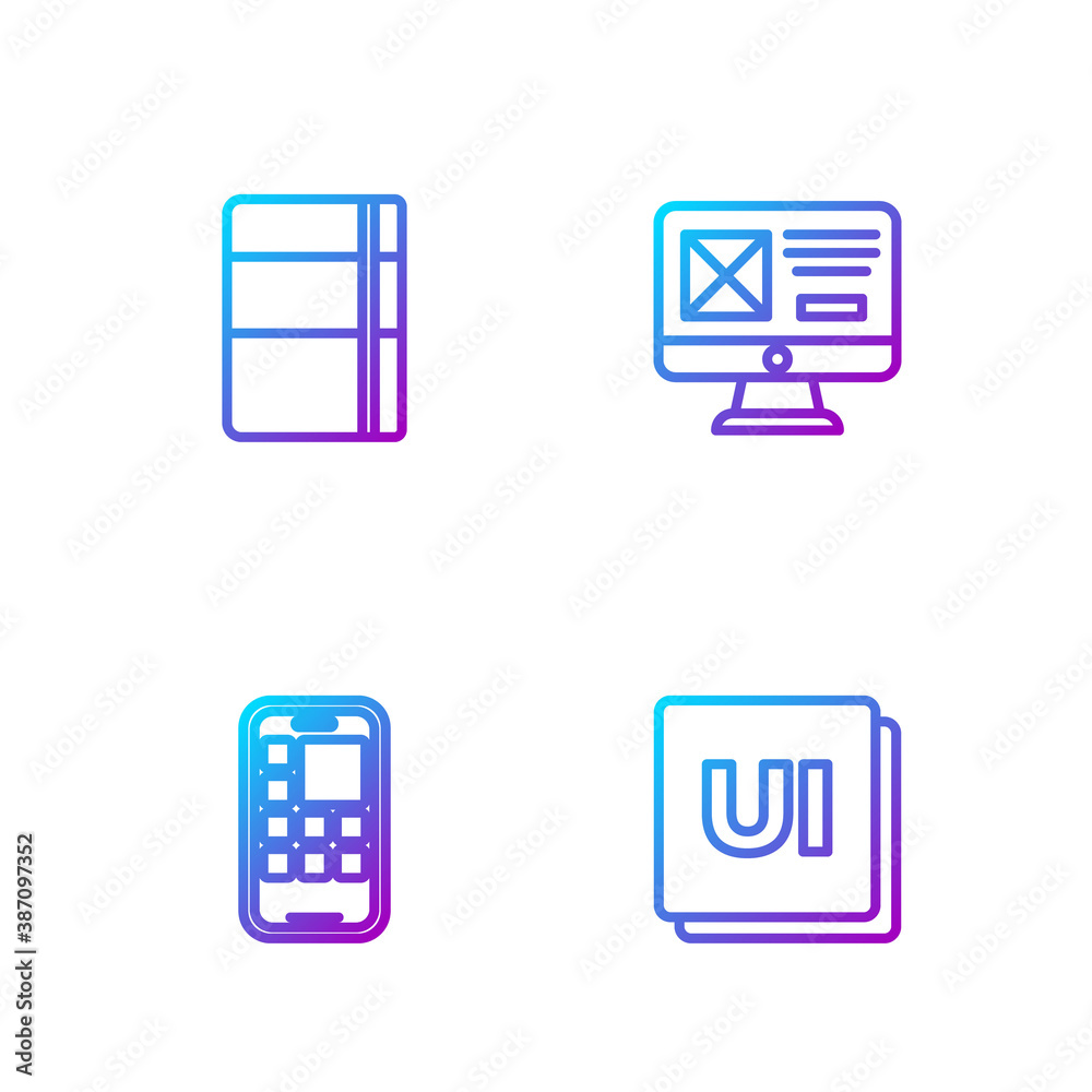 Set line UI or UX design, Mobile Apps, Sketchbook album and . Gradient color icons. Vector.