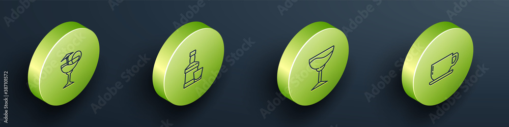 Set Isometric line Cocktail, Whiskey bottle and glass, Wine and Coffee cup icon. Vector.