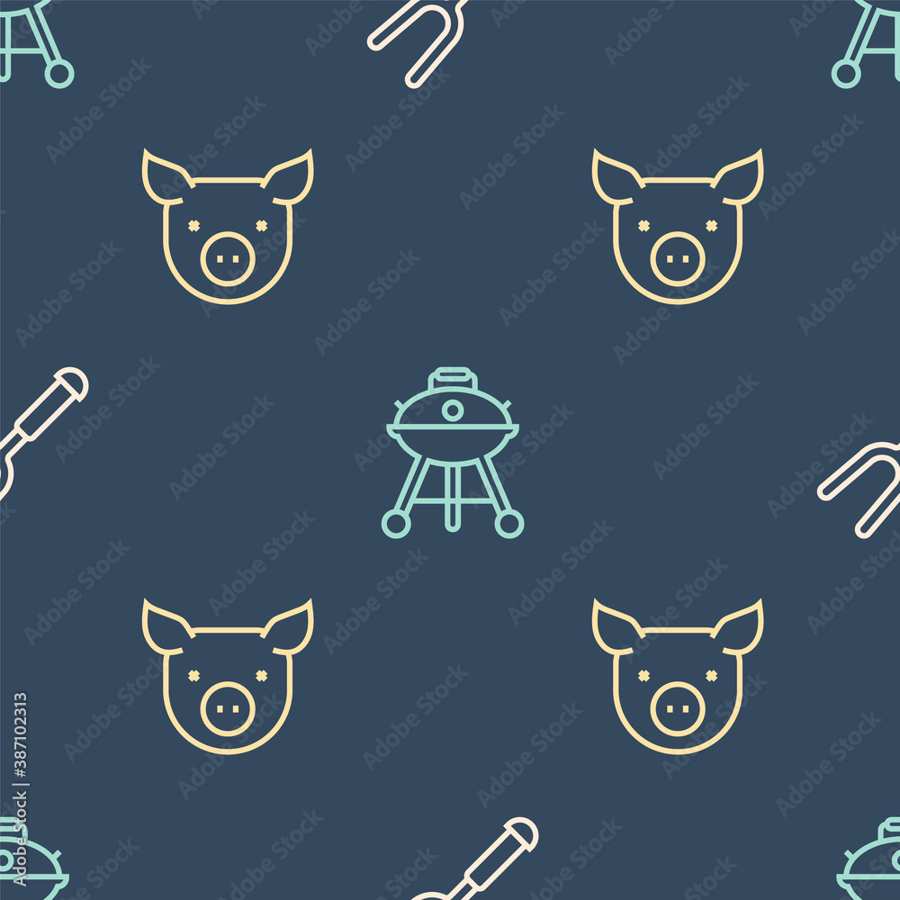 Set line Barbecue fork, Pig and grill on seamless pattern. Vector.