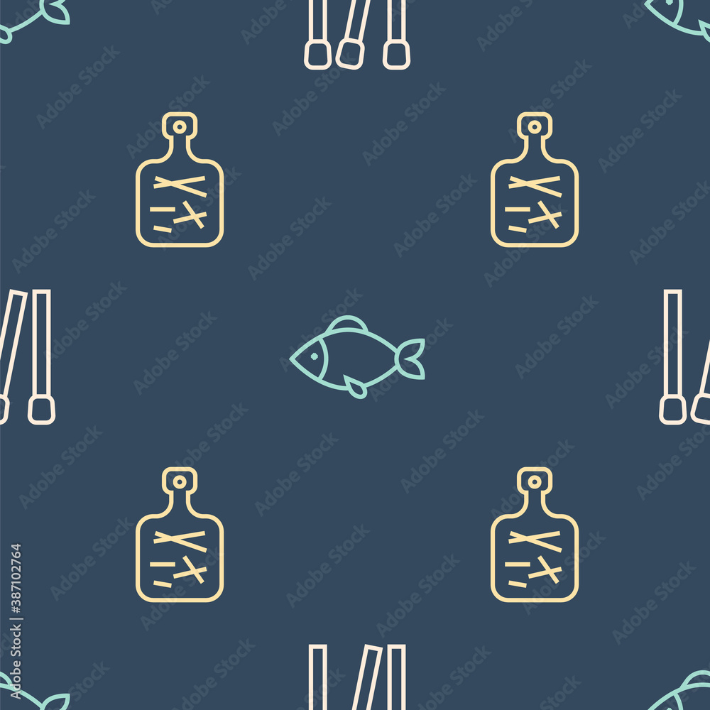 Set line Matches, Cutting board and Fish on seamless pattern. Vector.