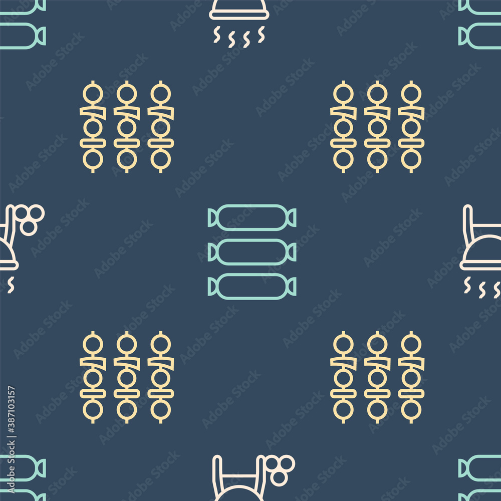 Set line Barbecue grill, Grilled shish kebab and Sausage on seamless pattern. Vector.