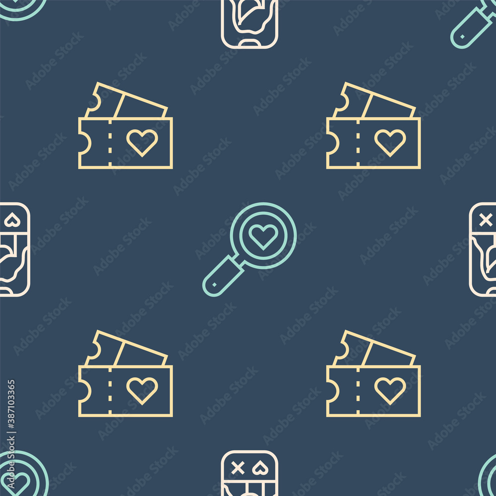 Set line Dating app online, Love ticket and Search heart and love on seamless pattern. Vector.