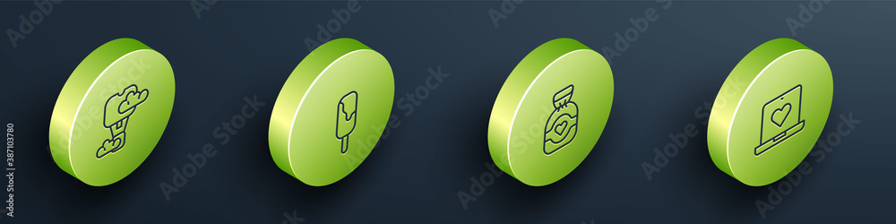 Set Isometric line Romantic hot air balloon, Ice cream, Chocolate candy and Dating app online icon. 