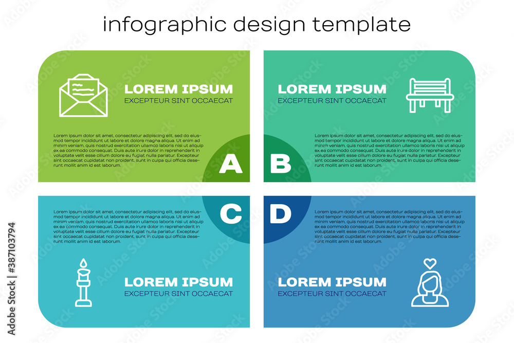 Set line Burning candle, Greeting card, Couple love and Romantic bench. Business infographic templat