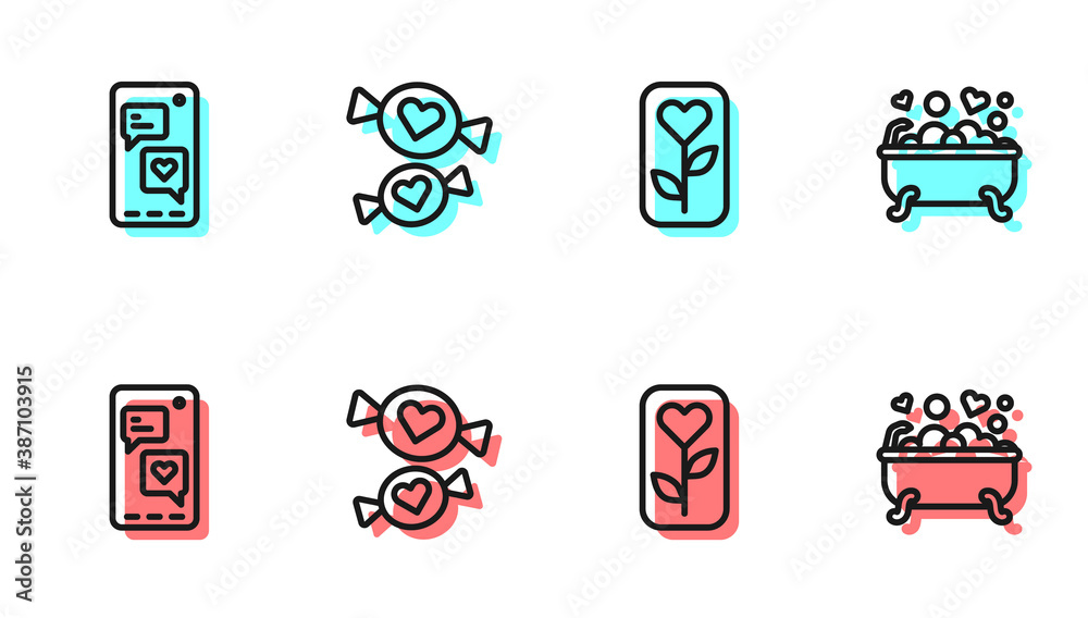 Set line Flower rose, Mobile with heart, Candy and Romantic in bathroom icon. Vector.