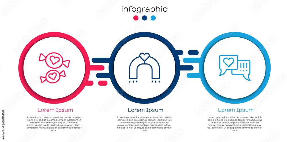设置语音泡沫中的糖果、爱情磁铁和心脏。商业信息图模板。矢量。