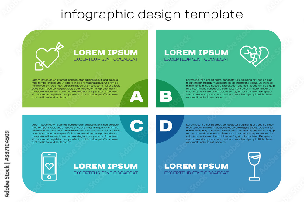 设线移动与心，阿莫尔和箭头，酒杯和破碎或离婚。商业信息图