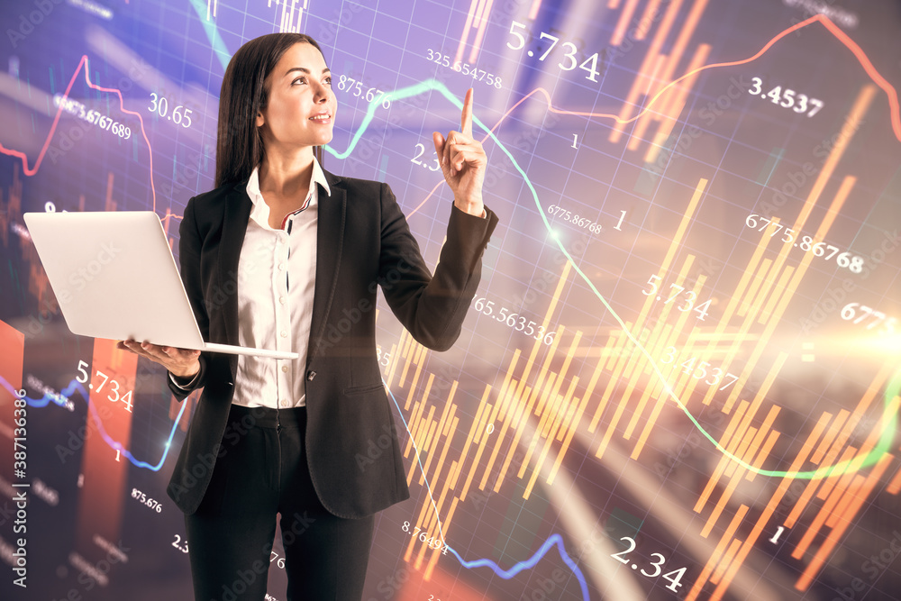 Business woman with laptop on a financial chart background, double exposure, trading concept