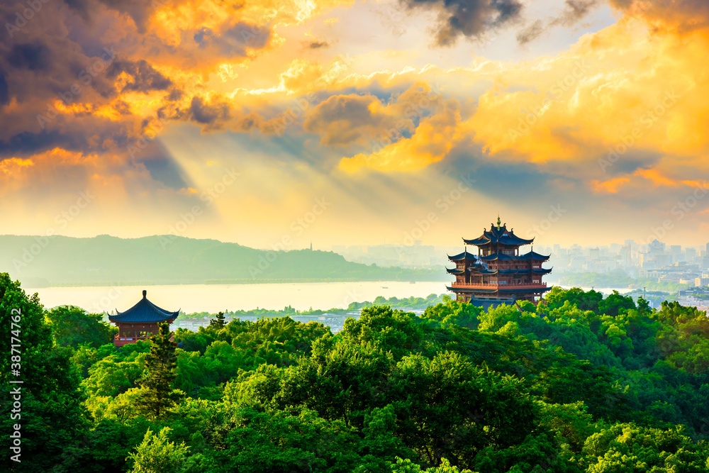 landscape of chenghuang pavilion in hangzhou west lake,China.