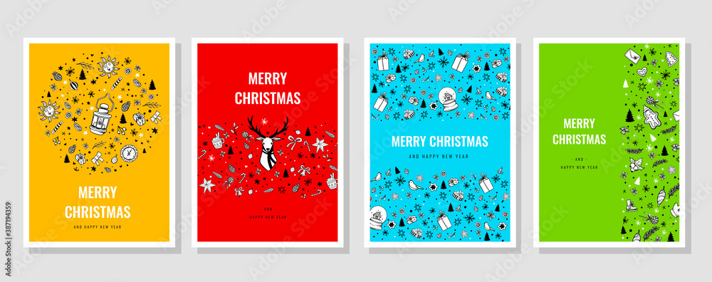 Christmas vector set of greeting card with deer and holiday elements