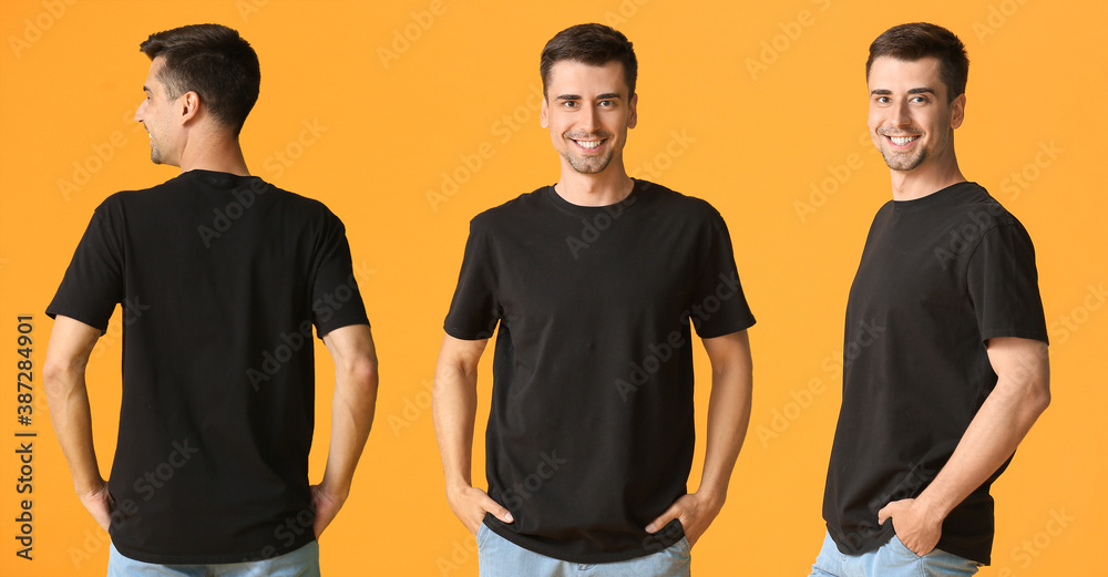 Man in stylish t-shirt on color background