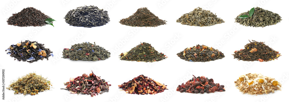 Different dry tea leaves on white background