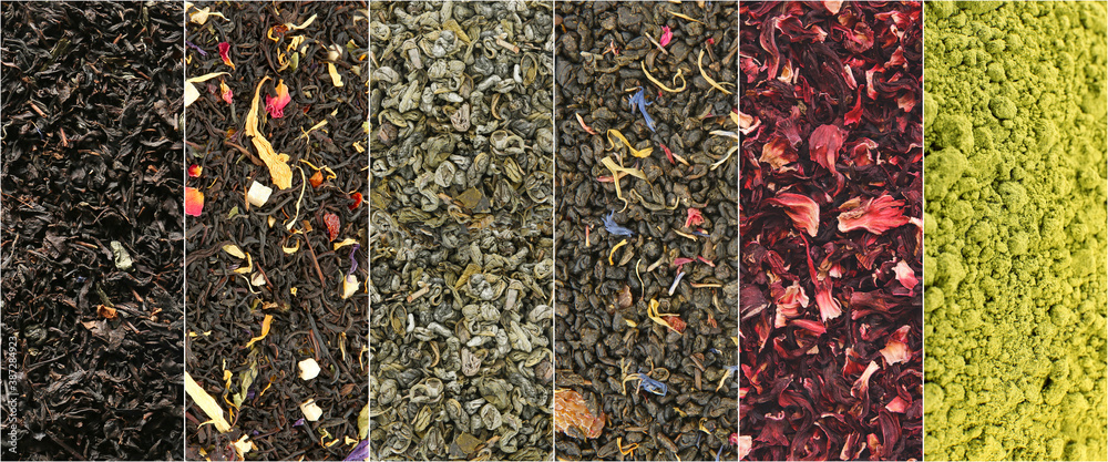 Different dry tea leaves as background