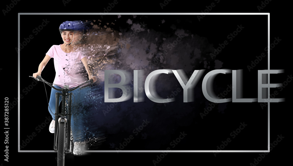 Beautiful young woman riding bicycle on dark background