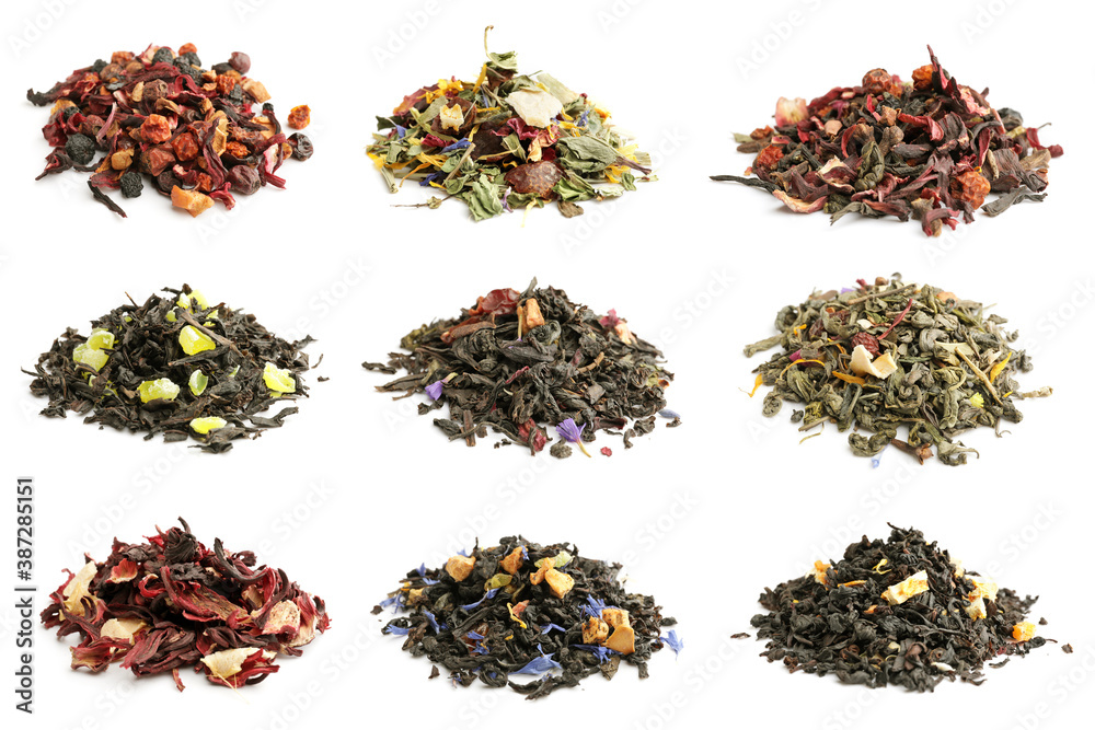 Different fruit tea on white background