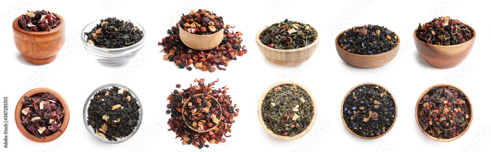 Different fruit tea in bowls on white background